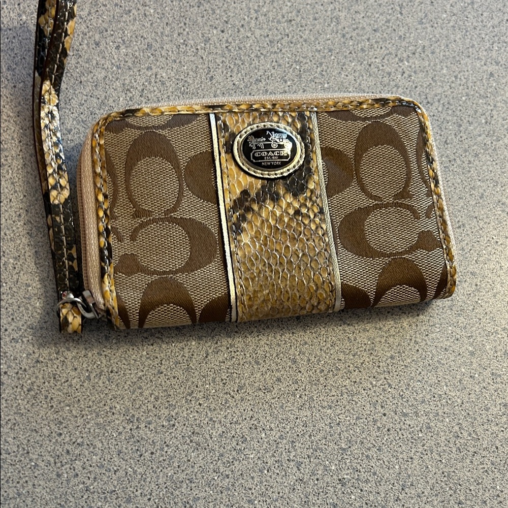 Coach Brown and Tan Wristlet with Snake Print